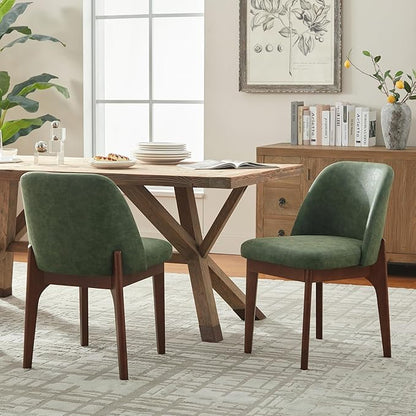 VKNOW Modern Dining Chairs Set of 2, Faux Leather Kitchen Chairs with Wood Legs, Upholstered Side Chair for Kitchen Dining Room, Green