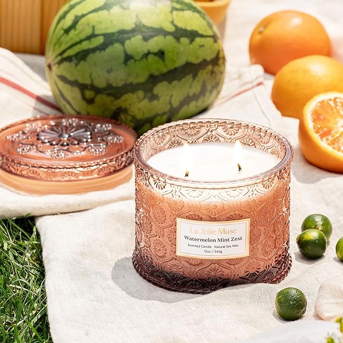 LA JOLIE MUSE Watermelon Mint Zest Candle - Eucalyptus, Sage, Lavender | 12 oz Large 2-Wick Soy Wax Candle | 60 Hours Clean Burn | Gift-Ready for Hosts & Gatherings | Elegant Home Décor