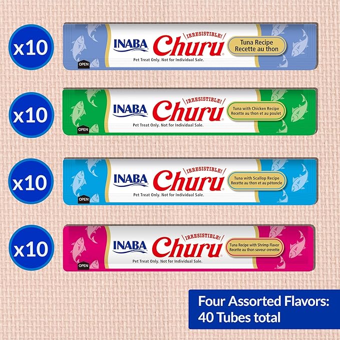 INABA Churu Cat Treats, Grain-Free, Lickable, Squeezable Creamy Purée Cat Treat/Topper with Vitamin E & Taurine, 0.5 Ounces Each, 40 Tubes, Tuna & Seafood Variety Box