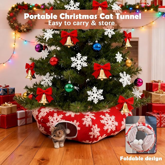 Cat Tunnel Christmas Tree Skirt,Christmas Tree Cat Tunnel for Indoor Cats,Cat Tunnels Tree Skirt,Soft Peekaboo Hideway Bed Cave Donut Toys Circle Tunnels for Kittens & Large Cats (Red)
