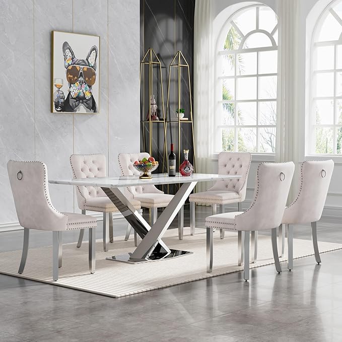 Goujxcy 70" Faux Marble Dining Table Set for 6, 7-Piece Dining Set with White Silver Kitchen Table and 6 Velvet Tufted Chairs, Modern Rectangular Dining Room Table with X-Shape Stainless Steel Base