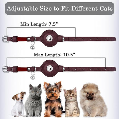 OOPSDOGGY Cat Collar for AirTag Holder, Leather Kitten Collars with Elastic Strap & Bell, Non Breakaway Adjustable Small Pet Collars for Indoor & Outdoor for Boy, Girl (Burgundy)