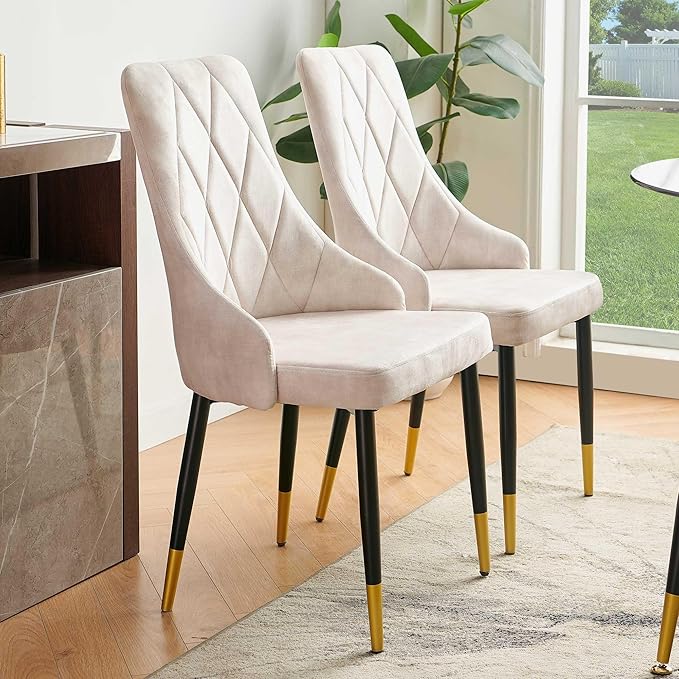 NORDICANA Upholstered Velvet Dining Chair Set of 2, Beige Armless Side Chair with Metal Legs for Home Kitchen