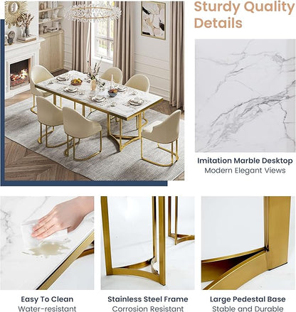 POVISON Marble Dining Table for 6, Modern Dining Room Table 71" for Kitchen & Dining Room, Luxury White Marble Table Top with Gold Trestle Pedestal(Dining Table Only)