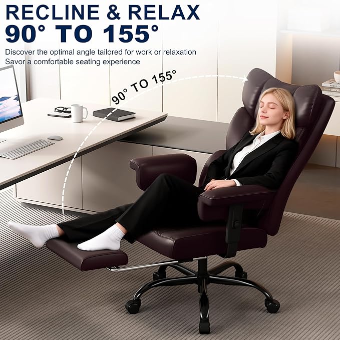Misolant Big and Tall Office Chair with Footrest, High Back Executive Desk Chair with Adjustable Lift Armrest, 155°Recline，Lumbar Support Pillow, Faux Leather Gaming Chairs for Home or Office Brown