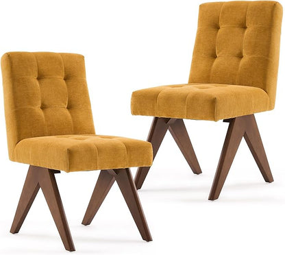 Rowill Modern Upholstered Dining Chairs Parsons Chair Linen Fabric Kitchen Chairs Tufted Armless Dining Room Chairs with Wood Legs Set of 2, Yellow