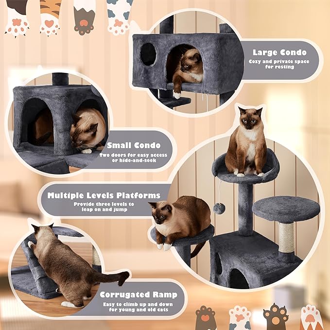 Yaheetech 54in Cat Tree, Multi-Level Cat Tower with Spacious Kitten-ear Perch, 2 Cozy Caves, Scratching Posts, Climbing Ladder, 2 Plush Balls, Durable Pet House Furniture for Indoor Kittens, Dark Gray
