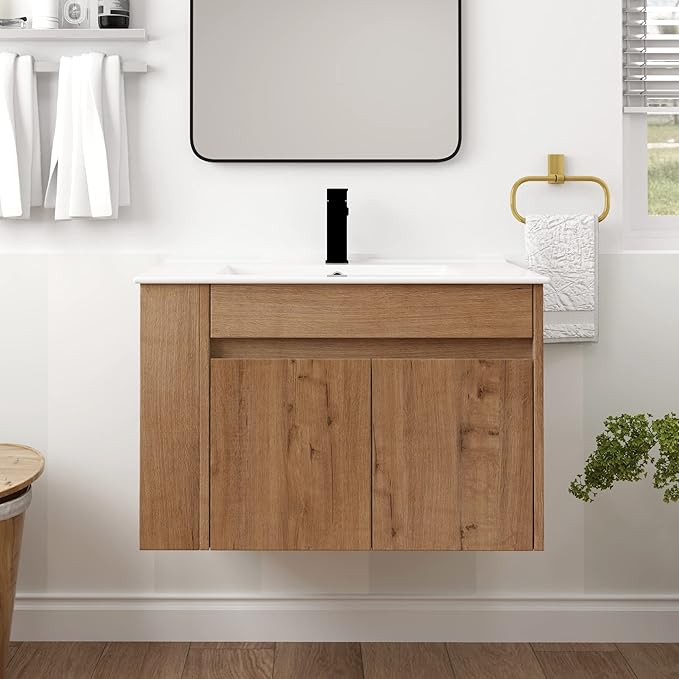 Goujxcy 30" Wall Mounted Bathroom Vanity with Sink, Modern Floating Bathroom Cabinet with White Ceramic Basin and Storage Cabinet/Shelf, Soft-Closing Door Wood Hanging Bath Room Cabinets