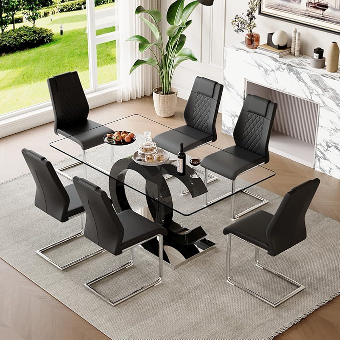 63'' Glass Dining Table Set for 6, Kitchen Table Chairs Set of 6, Clear Glass Dining Table with Black unique design Leg and Silver Metal Base, 6 PU Dining Chairs with Metal Legs, Living Room, Kitchen.