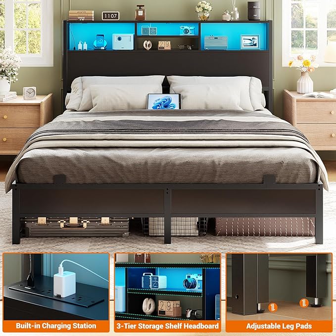 Aheaplus Headboard for Queen Size Bed with Storage, Headboards with Outlets, USB Ports and LED Light, Queen Size Head Board Only, Height Adjustable, Reversible, Sturdy and Stable Headboard, Black