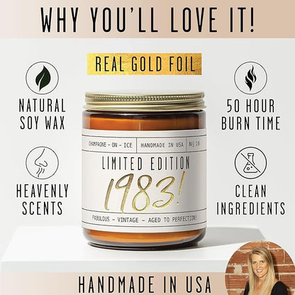 42nd Birthday Gifts for Women - 'Limited Edition 1983' Soy Candle, w/Champagne on Ice I 42 Birthday Gifts for Women I 42nd Gift for Her Ideas I 9oz Reusable Jar, 50Hr Burn, Made in USA