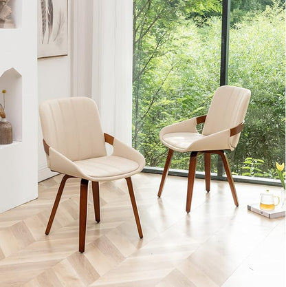 Mid Century Modern Beige Faux Leather Upholstered Dining Chairs Set of 2,Armless Accent Chairs with Sturdy Natural Wood Legs,Bamboo Backrest Support for Kitchen&Dining Room Chairs