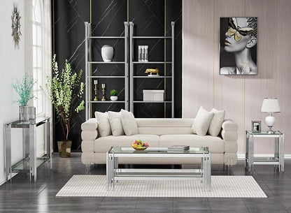 Goujxcy Modern Glass End Table Silver Sofa Side Table with Clear Glass Top and Mirror Stainless Steel Legs, Luxury Square Coffee Tea Table Bedside Tables for Living Room Bedroom, Silver