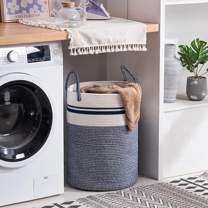 Woven Rope Laundry Hamper Basket by YOUDENOVA, 58L Tall Luandry Basket, Baby Nursery Hamper for Blanket Storage in Bedroom-Large-Blue