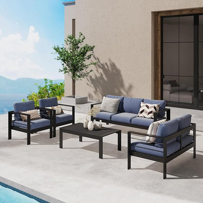 Wisteria Lane Aluminum Outdoor Patio Furniture Set, 7 Seats Modern Patio Conversation Sets, Outdoor Sectional Metal Sofa with 5 Inch Cushion and Coffee Table for Garden, Black Frame and Blue Cushion