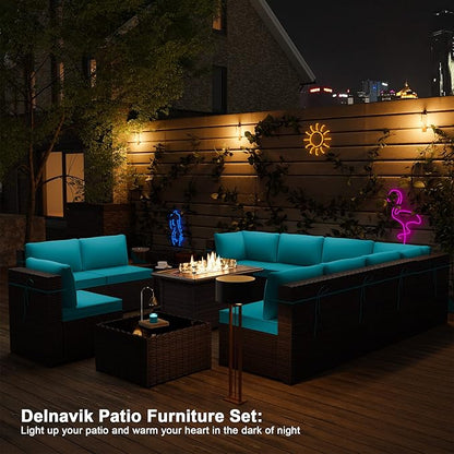 Kurapika 13 Pieces Patio Furniture Set, Rattan Wicker Outdoor Conversation Sets w/43in Propane Fire Pit Table and 4 Inch Cushion(Blue)