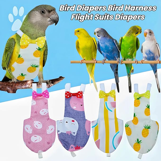 2Pcs Bird Diapers Bird Harness Flight Suits Diapers with 80 Inch Flying Leash Parrot Nappy Washable Cute Urine Wet Suit for Cockatiel Conure Macaw Budgies Parakeet-Rabbit&Pineapple,S