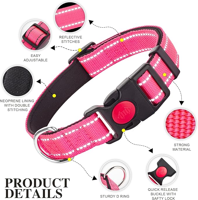 2 Pack Reflective Dog Collars for Medium Large and Small Breed Dogs Male Female,Padded Soft Durable Nylon Neoprene Collar for Puppy Dogs Girl Boy with Quick Release Safety Buckle,Pink,Blue,L