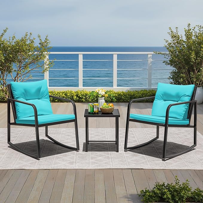 Greesum 3 Pieces Rocking Wicker Bistro Set, Patio Outdoor Furniture Conversation Sets with Porch Chairs and Glass Coffee Table, Blue