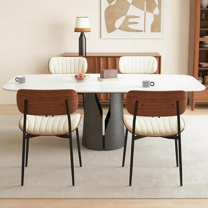 Modern PU Leather Dining Room Chairs Set of 2, Upholstered Kitchen Chairs with Curved Wood Backrest and Metal Legs Adjustable Feet for Kitchen Dining Room(Beige)