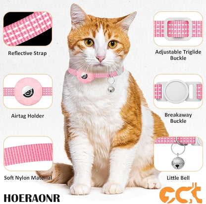 AirTag Cat Collar, Reflective GPS Tracker with AirTag Holder and Bell, Lightweight, Unisex, Black/Pink, Small Cats