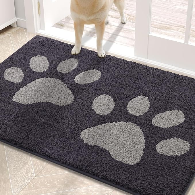 Buganda Dog Door Mat for Muddy Paws, Absorbent Dirt Trapper Washable Indoor Doormats, Non Slip Low-Profile Mud Mat for Dogs, Front Entrance Doormat for Inside Floor (30x20 Inches, Dark Grey)