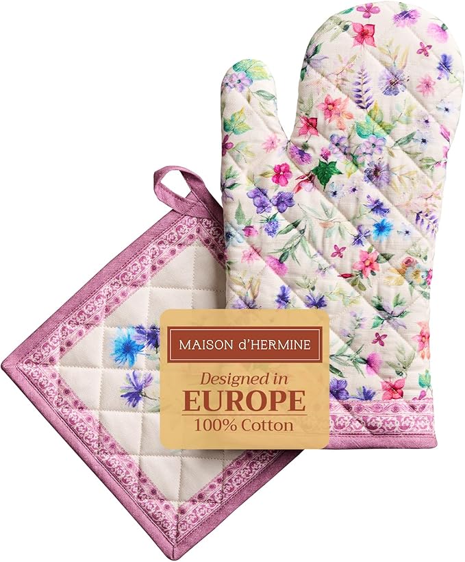 Maison d' Hermine 100% Cotton Oven Mitt & Pot Holder Set (7.5"x13" & 8"x8") Heat Resistant BBQ Cooking Gloves with Loop, Baking, Grilling, Kitchen, Handling Hot Pans Spring/Summer (Chardon)