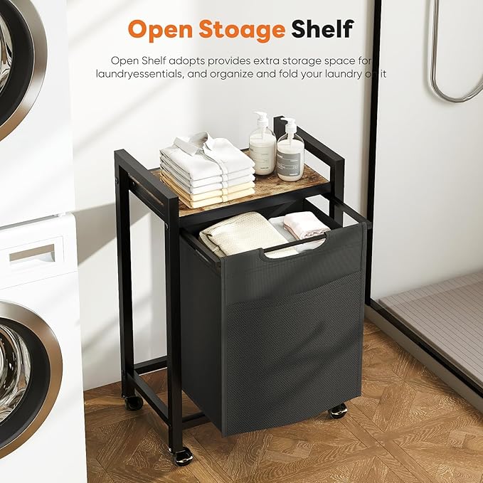 Sweetcrispy Laundry Hamper with 1 Pull-Out Removable Sorter Bags, Movable Wheels, Freestanding Clothes Basket Organizer in Bathroom, 1 × 18.3Gal (69L) Capacity, Rustic Brown and Black