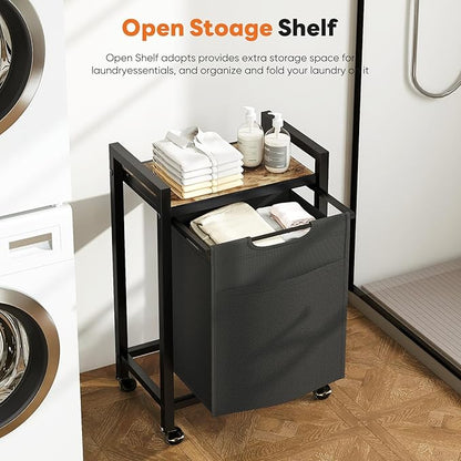 Sweetcrispy Laundry Hamper with 1 Pull-Out Removable Sorter Bags, Movable Wheels, Freestanding Clothes Basket Organizer in Bathroom, 1 × 18.3Gal (69L) Capacity, Rustic Brown and Black