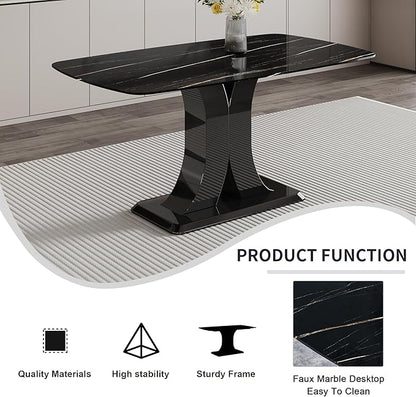 Modern Dining Table Set for 6, Marble Kitchen Table Chair Set for 6, Rectangular Kitchen Table with 6 Pu Leather Upholstered Chair for Dining Room (Black Table with 6 Black Chairs)