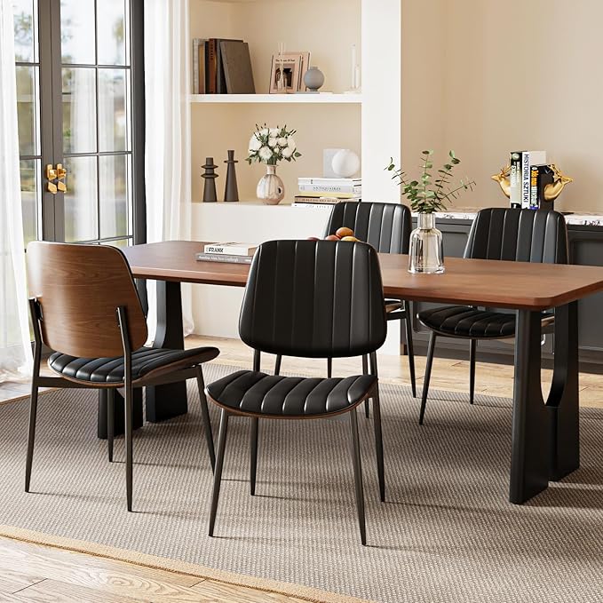 Modern Green Leather Dining Chair Set of 4, Bentwood Backrest & Black Metal Frame Ergonomic Comfort, Sustainable Style, Multi-Space Versatile, Black