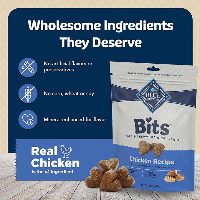 Blue Buffalo Bits Soft Dog Treats for Training, Made With Natural Ingredients & Enhanced with DHA, Chicken Recipe, 19-oz Bag