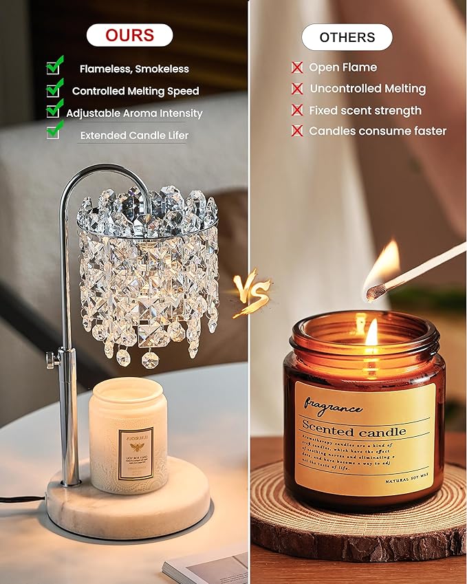 Candle Warmer Lamp with Timer Dimmer Adjustable Height Candle Warmer with Marble Base for Jar Candles, Crystal Candle Lamp with 3 Bulbs for New Home Decor, Women Mom Christmas Birthday Gifts, Silver