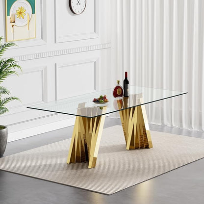Goujxcy Modern 7 Piece Glass Dining Table Set Luxury Glass Kitchen Table and Chair Set for 6, 70" Large Rectangular Dining Room Table with 6 Tufted Chairs and Stainless Steel Legs (Gold & Black)