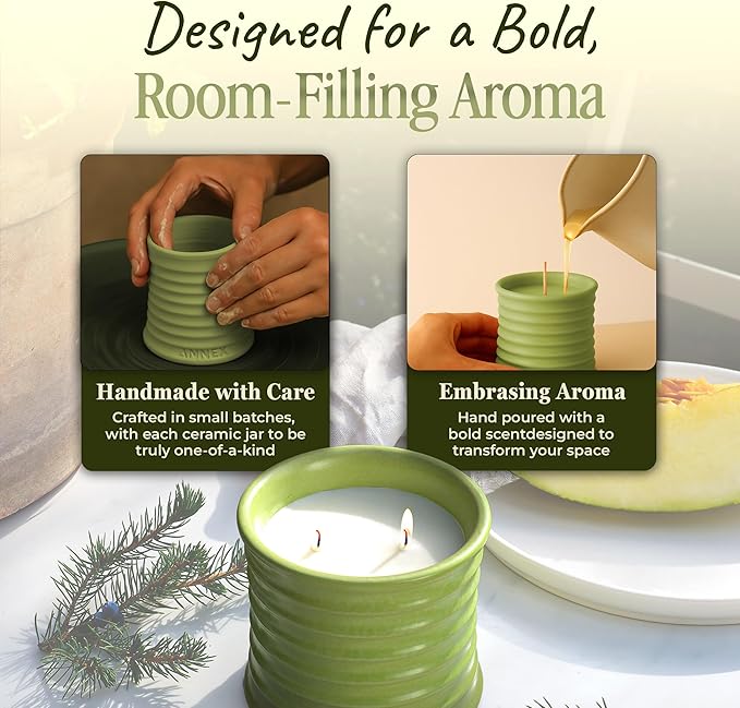 Scented Luxury Candles Outdoor Mosquito Bug Repellent Ceramic Jars, Soy Wax | The Green Life, Large Natural Candle - Green Melon & Peppermint | Non Toxic, 2 Wicks, Reusable Jar