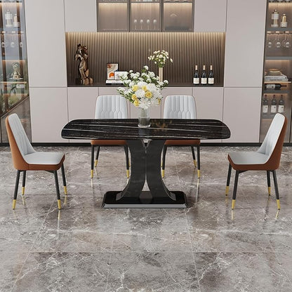 Modern Dining Table Set for 4, Marble Kitchen Table Chair Set for 4, Rectangular Kitchen Table with PU Leather Upholstered Chair for Dining Room (Brown-C)