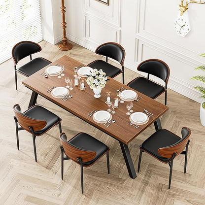 Dining Chairs Set of 4, Dining Room and Kitchen Chairs, Mid Century Modern Retro Chair, Upholstered PU Leather Chairs for Vanity with Walnut Bentwood and Metal Legs (Black)