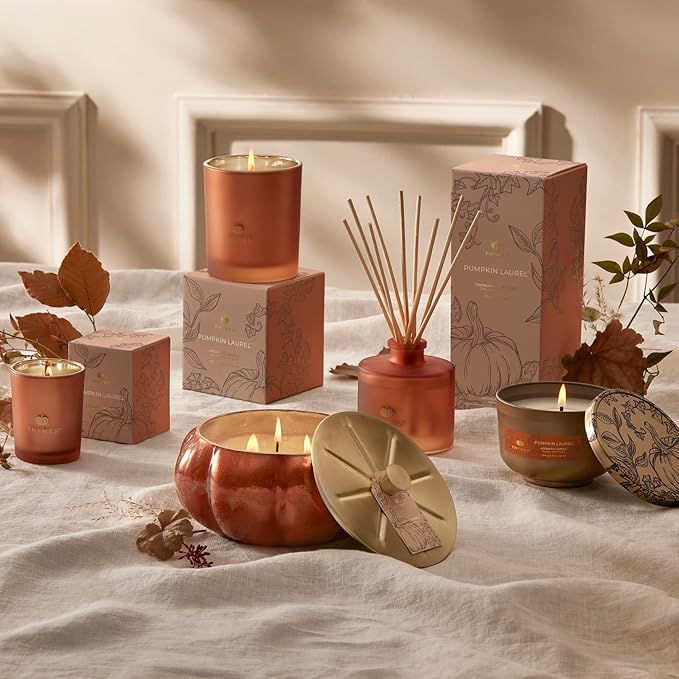 Thymes Scented Candles for Home Decor - Luxury Home Fragrance Gifts for Women & Men - Fall Candles with Creamy Pumpkin, Nutmeg, & Cinnamon - Burnt Orange (Pumpkin Laurel, 6.5 oz)