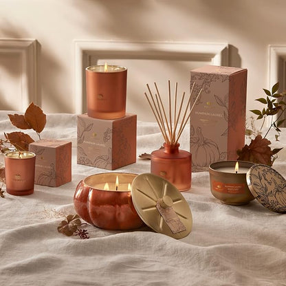 Thymes Scented Candles for Home Decor - Luxury Home Fragrance Gifts for Women & Men - Fall Candles with Creamy Pumpkin, Nutmeg, & Cinnamon - Burnt Orange (Pumpkin Laurel, 6.5 oz)