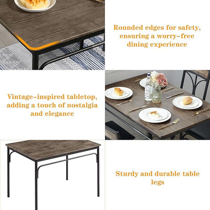 VECELO 5-Piece Dining Table Set for Home Kitchen Small Space Breakfast Nook, 4 Faux Leather Metal Frame Chairs,Rustic Brown,Set for 4
