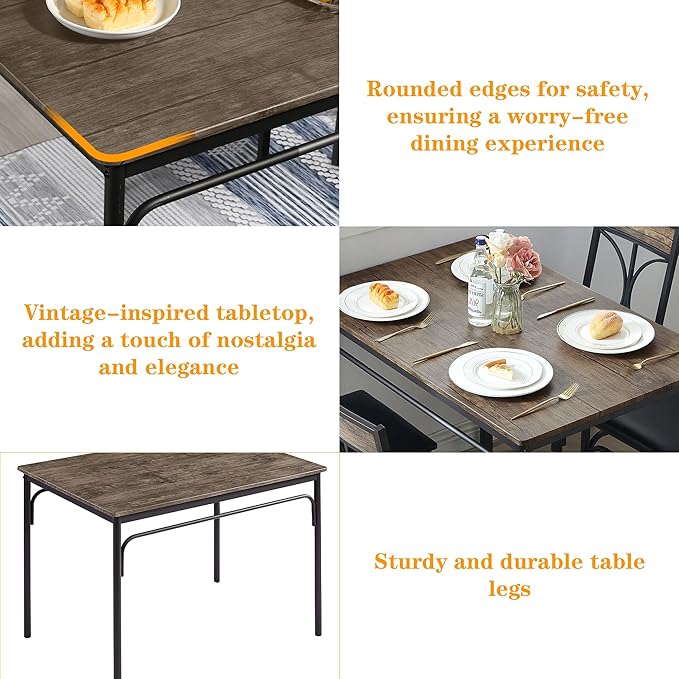 VECELO Dining Table Set for 4, Kitchen Table Set with 4 Chairs for Small Space, Space-Saving and Modern Design, Apartment, Easy to Assemble,Classic Brown