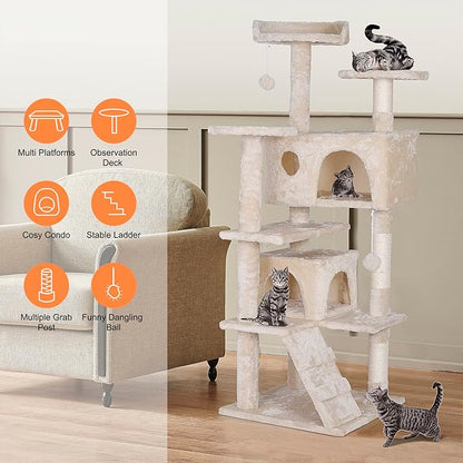 ZENY 55 inches Cat Tree with Sisal-Covered Scratching Posts and 2 Plush Rooms Cat Furniture for Kittens