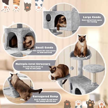 Yaheetech 54in Cat Tree Cat Tower w/Scratching Posts, Double Condos and Dangling Balls Kittens Pet House Play, Light Gray