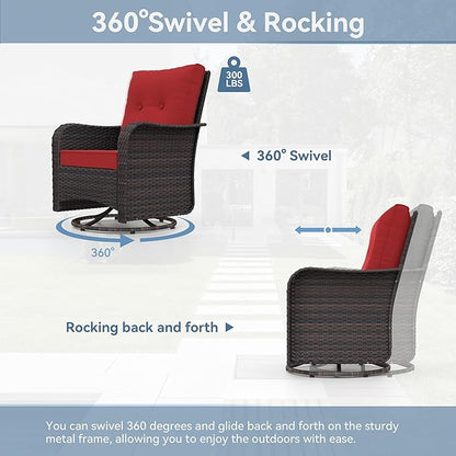 Kurapika 9 Pieces Patio Furniture Set, Rattan Wicker Sofa Set, Outdoor Conversation Sets w/Swivel Rocking Chairs Patio Sectional Sofa w/4 Inch Cushion, Red