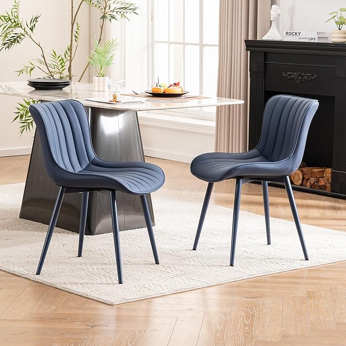 YOUNUOKE Mid-Century Modern Dining Chairs Set of 2, Navy Blue PU Leather Upholstered Kitchen Chairs with Navy Blue Metal Legs, Armless Accent Chair for Dining Room, Guest Reception Room