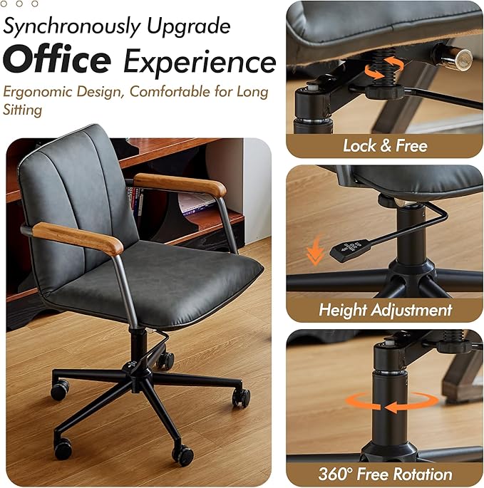 Home Office Desk Chair, Ergonomic Minimalist Faux Leather Swivel Chair with Oak Wood Armrests, Comfortable Task Chair for Computer or Study Room, 2 Pack, Charcoal Gray