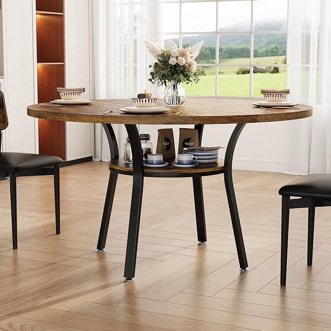 Garvee 47'' Round Dining Table for 4-6 People, Farmhouse Kitchen Dining Table, Round Dinner Table with Storage Shelf for Kitchen, Living Room (Table Only), Rustic Brown
