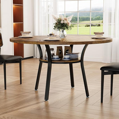 Garvee 47'' Round Dining Table for 4-6 People, Farmhouse Kitchen Dining Table, Round Dinner Table with Storage Shelf for Kitchen, Living Room (Table Only), Rustic Brown