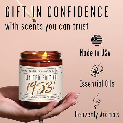 72nd Birthday Gifts for Women - 'Limited Edition 1953' Soy Candle, w/Champagne on Ice I 72 Birthday Gifts for Women I 72nd Birthday Gift for Her Ideas I 9oz Reusable Jar, 50Hr Burn, Made in USA