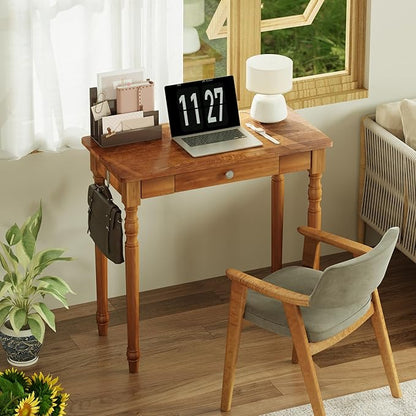 32 Inch Mid Century Modern Desk - Rubber Wood Desk with Drawers, Vintage Narrow Desks with 2 Hooks, Small Writing Desks for Small Spaces, Bedroom, Living Room & Office, Walnut Color